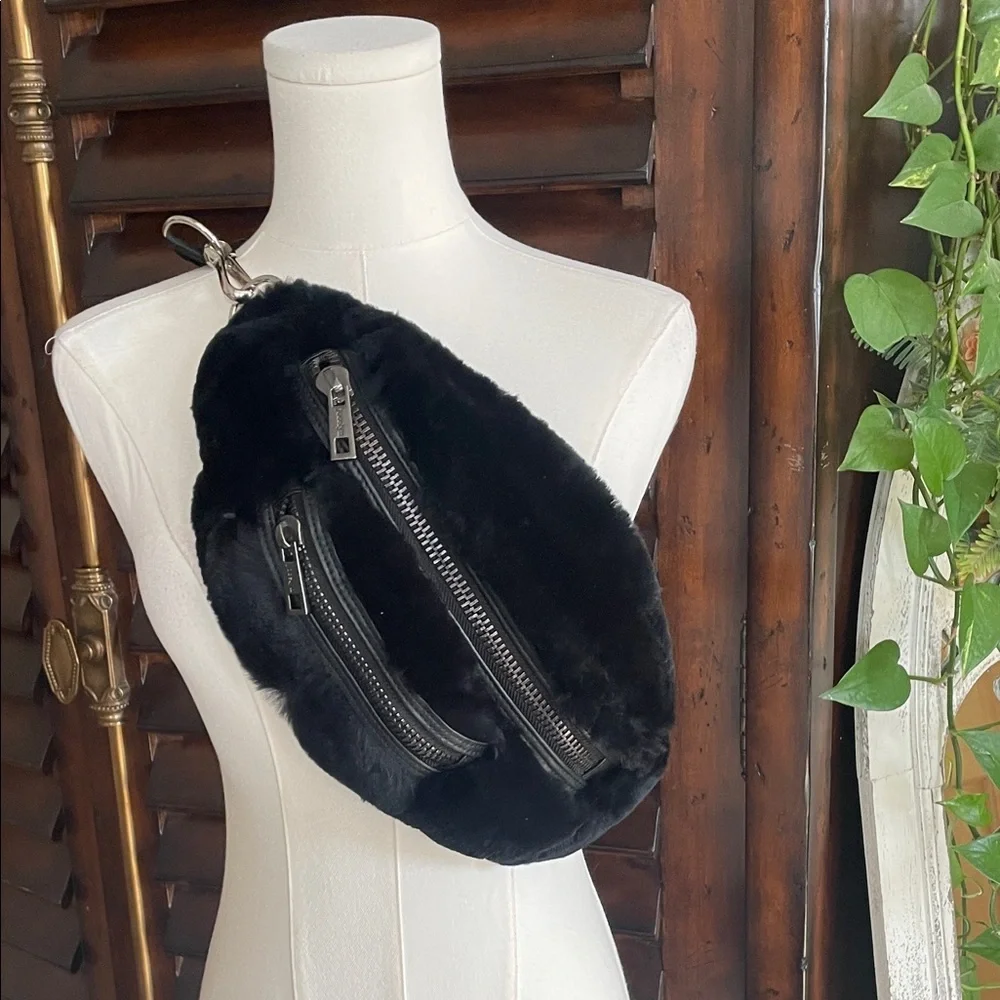 Black Real Rabbit Fur and Leather Belt Bag Crossbody JOCELYN